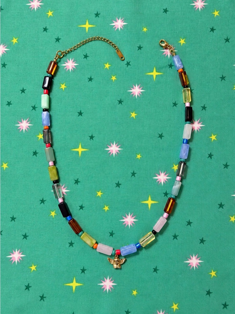 Handmade 14k Gold Cherub Pendant Multicolor Beaded Necklace